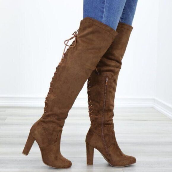 Suede Over The Knee Heeled Boots With Lace Up Back - Picture 4 of 15